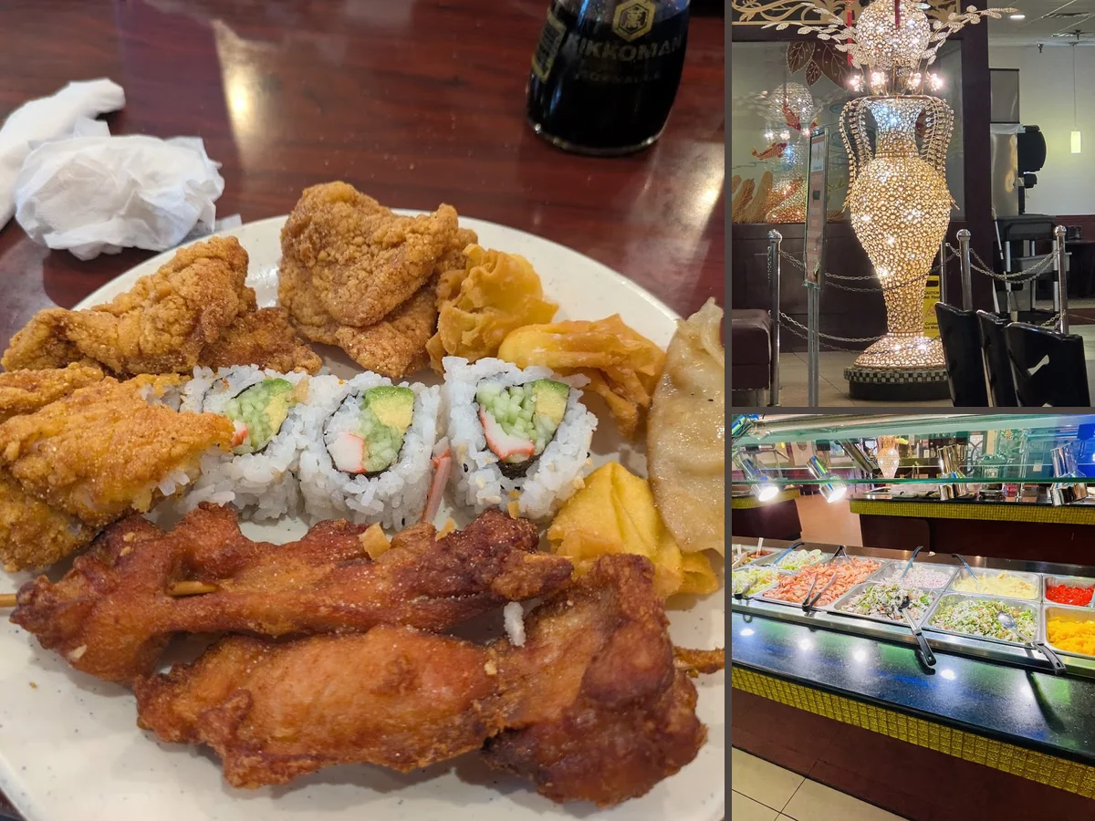 Sushi bar beside trays of hot buffet food.
