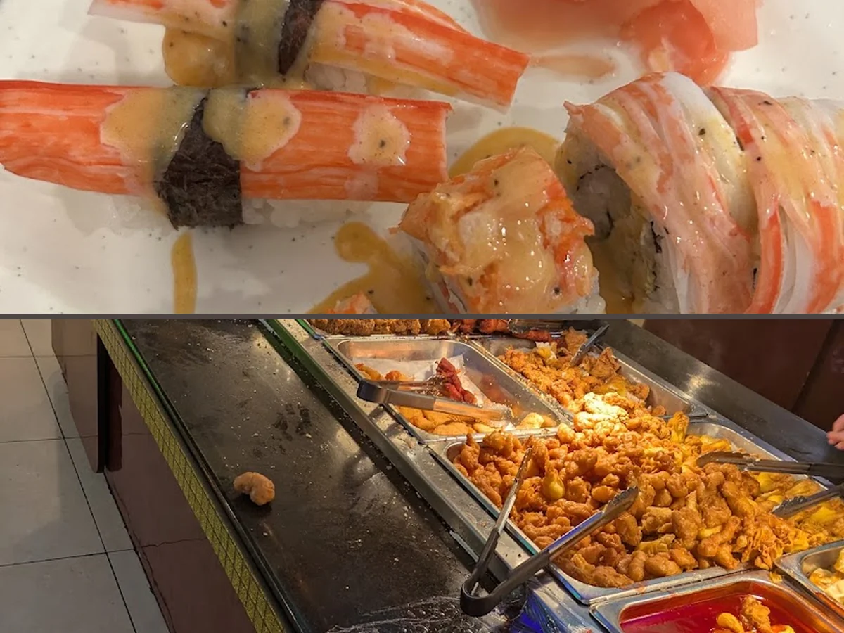 Buffet line with hibachi grill and mixed dishes.