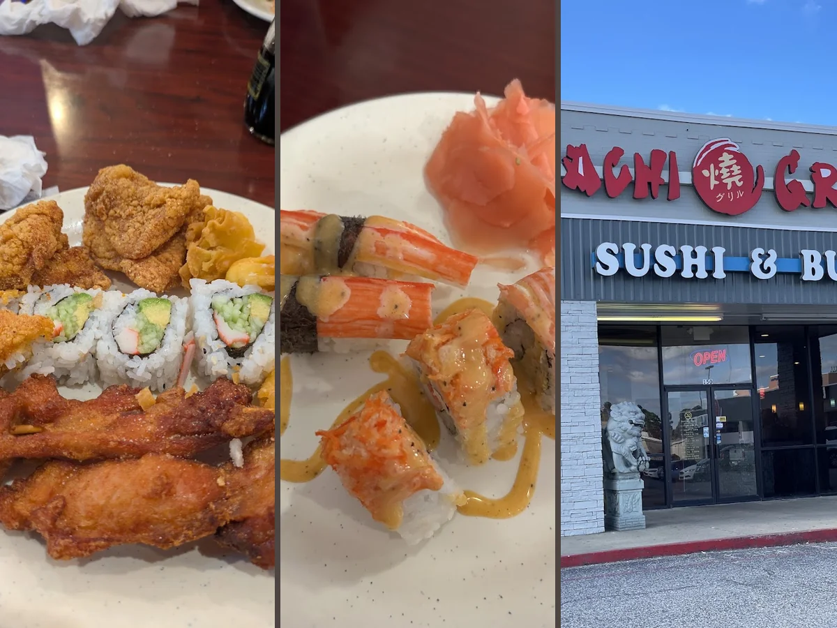Sushi bar beside trays of hot buffet food.