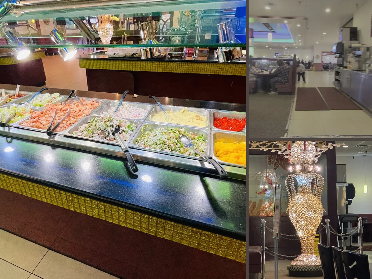 Buffet line with hibachi grill and mixed dishes.